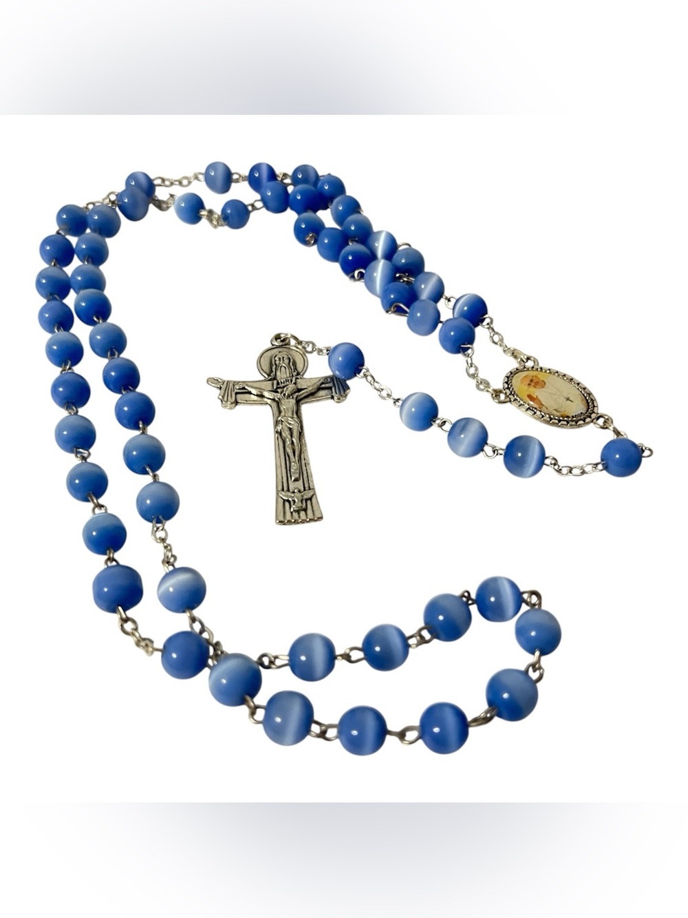 Chaplet of Divine Mercy Rosary Blue Cat Eye Prayer Beads Pope Francis Station